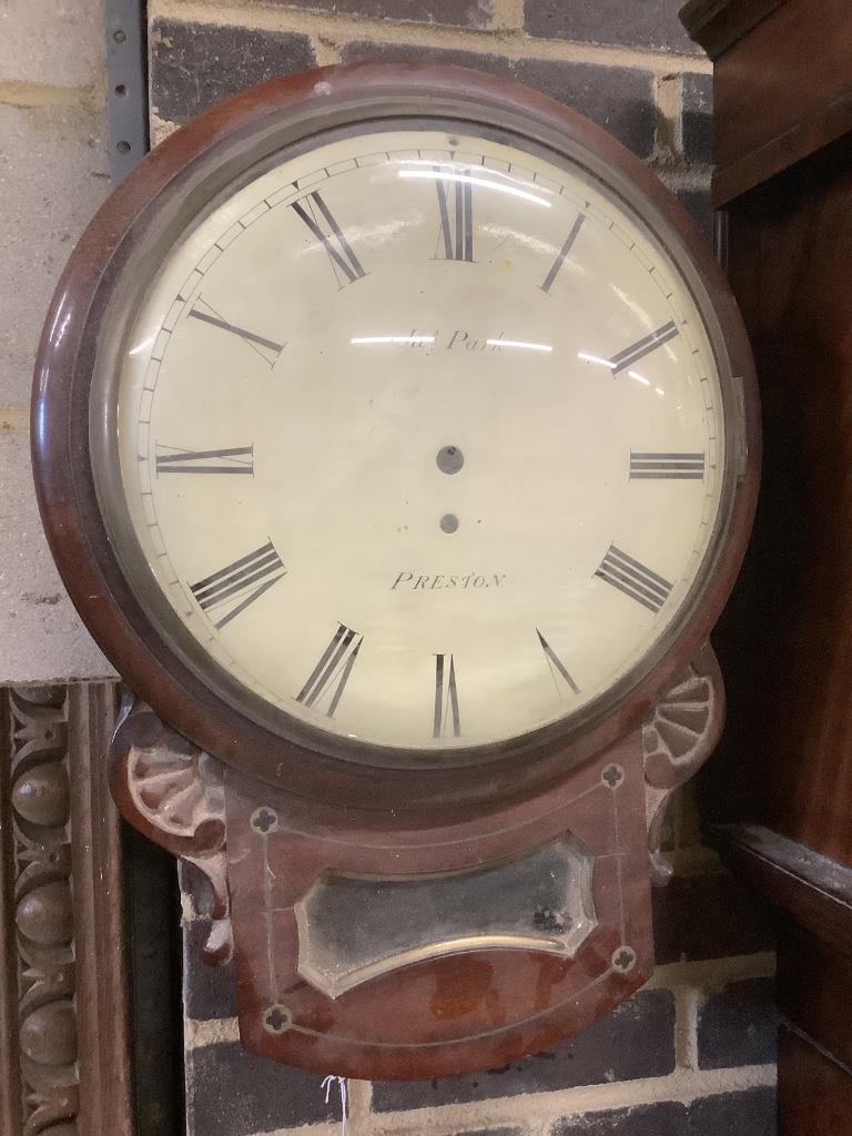 James Park of Preston. An early 19th century brass inset mahogany drop dial wall clock, with single fusee movement, height 51cm
